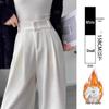 Women's White Corduroy Wide-Leg Pants with Velvet Lining, Petite Fit, Straight Leg - Autumn/Winter.