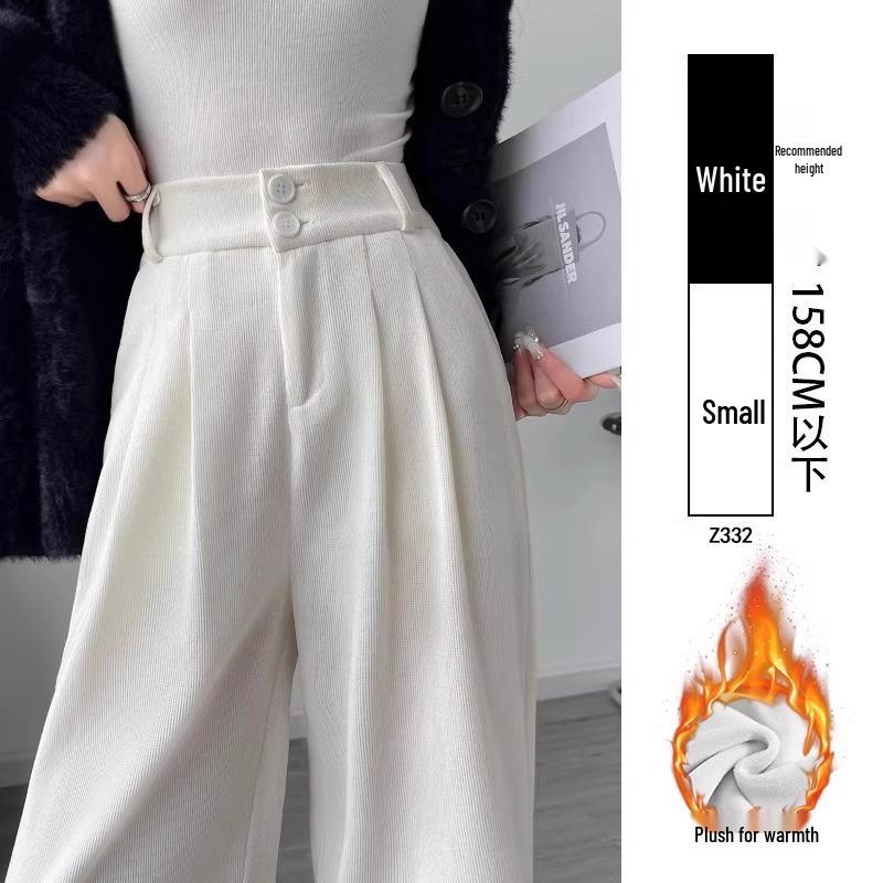 Women's White Corduroy Wide-Leg Pants with Velvet Lining, Petite Fit, Straight Leg - Autumn/Winter.