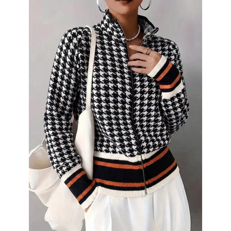 Womens Houndstooth Hooded Zip Up Thick Loose Knit Cardigan Sweater Outerwear