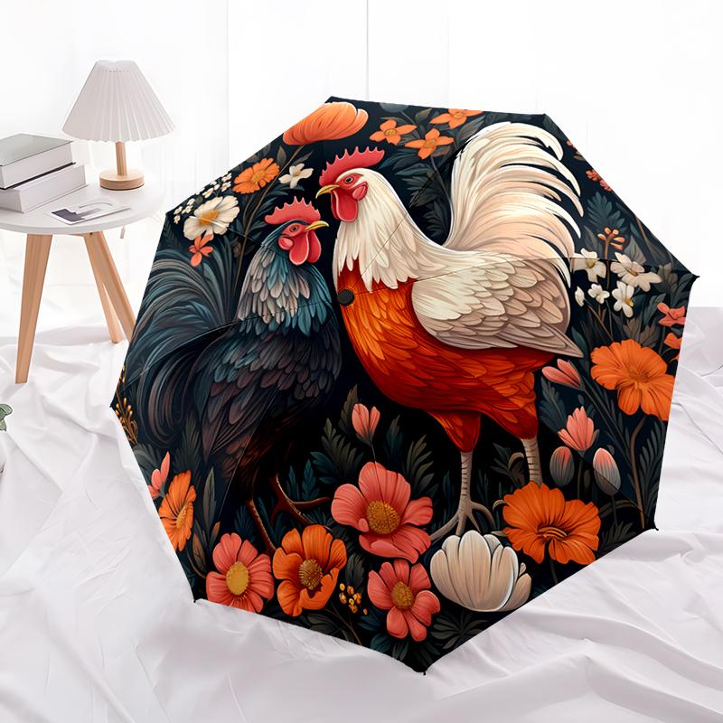 Rooster Theme Design Folding Umbrella-Fashionable Auto-Open Design 8 Iron Ribs Plastic Handle Foldable Sunshade,Perfect Gifts
