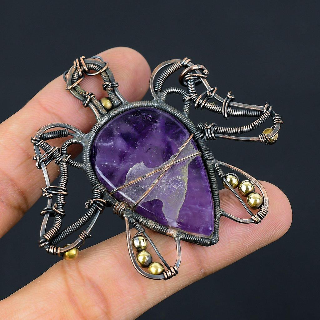 Turtle Shaped Amethyst Gemstone Copper Wire Wrap Handmade Pendant Jewelry Gift For Love