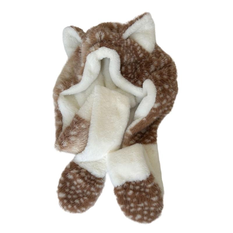 Furry Neck Scarf Hat with Animal Ear Winter Outdoor Sport Shawl Hat Anime Costume Earmuff Hat for Skiing Cold Weather