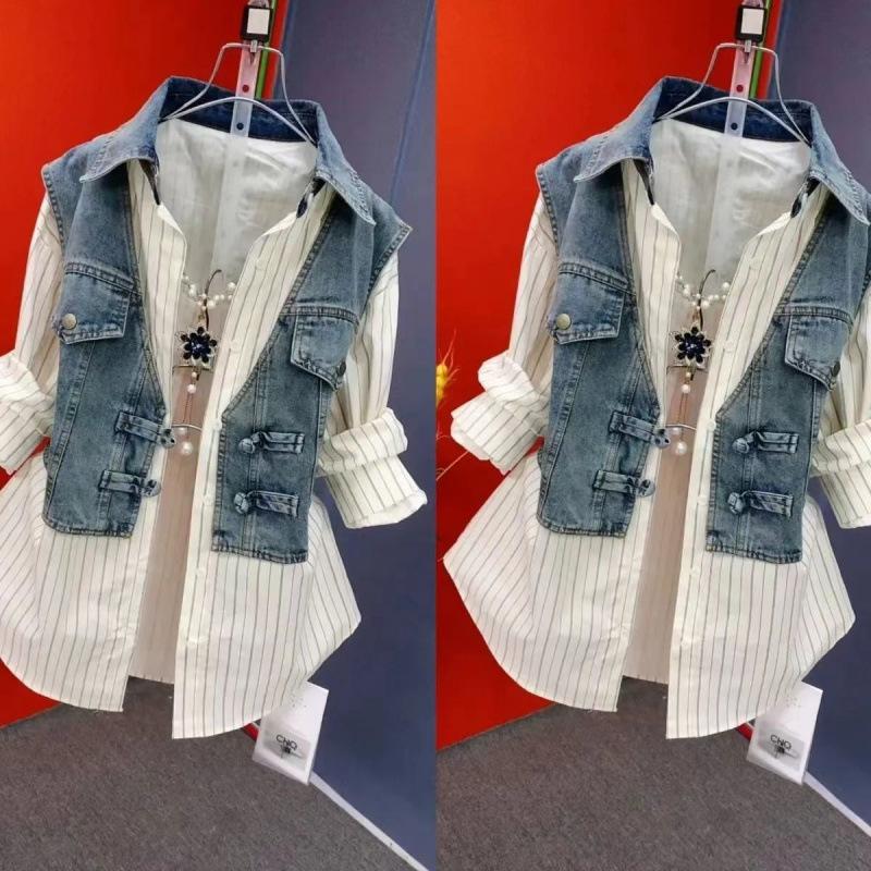 Design Sense Striped Denim Jackets Shirt Women's Spring Summer Cowboy Splicing Fake Two Pieces Shirt Coat Top Women