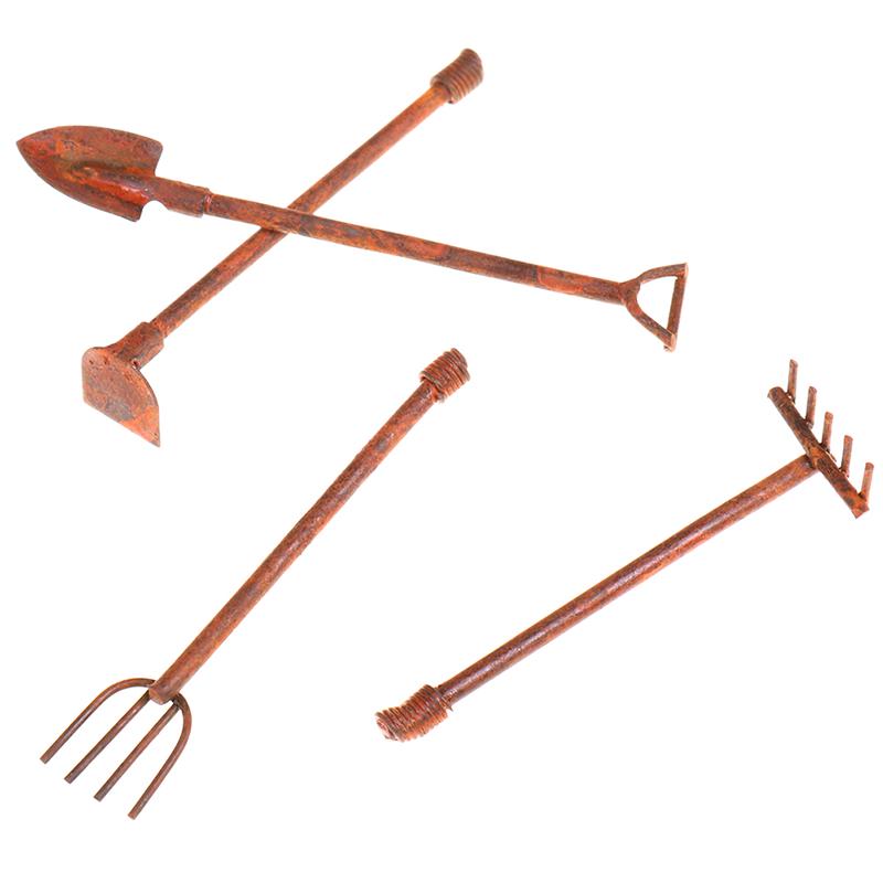 1:12 Dollhouse Miniature Gardening Tools Metal Shovels Pitchfork Furniture Set