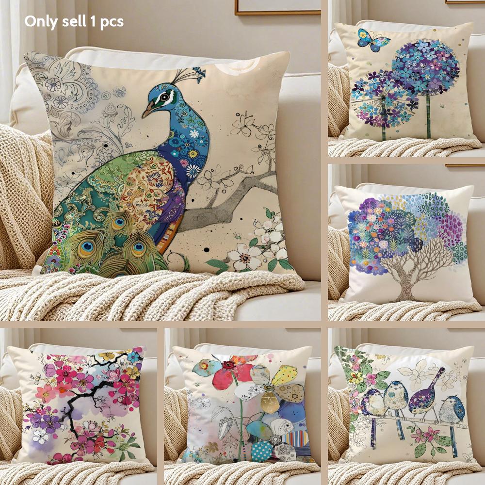 Watercolor Art Pattern Cushion Cover Silky Short Plush Sofa Pillow Cover Hidden Zipper Soft Dustproof Case for Home Decor