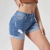 High Elasticity High Waist Ripped Denim Shorts with Rolled Hem - Women's Trendy Hot Pants
