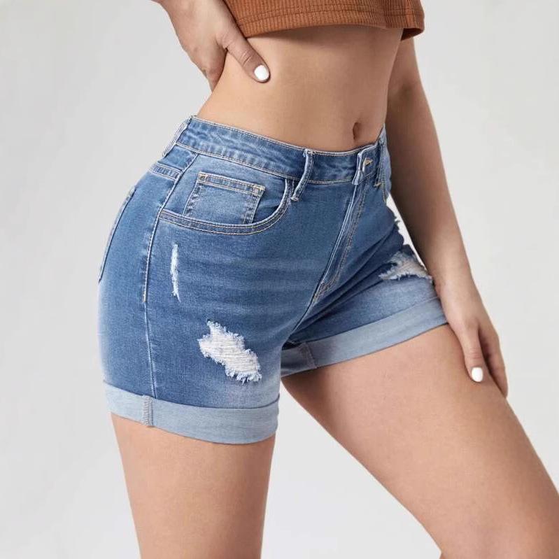 High Elasticity High Waist Ripped Denim Shorts with Rolled Hem - Women's Trendy Hot Pants
