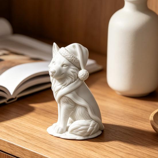 Creative Christmas Gift 3D Printed Wolf Figurine, Cute Animal Statue with Santa Figurine Hat And Scarf for Tabletop, Mantel Shelf Home Office