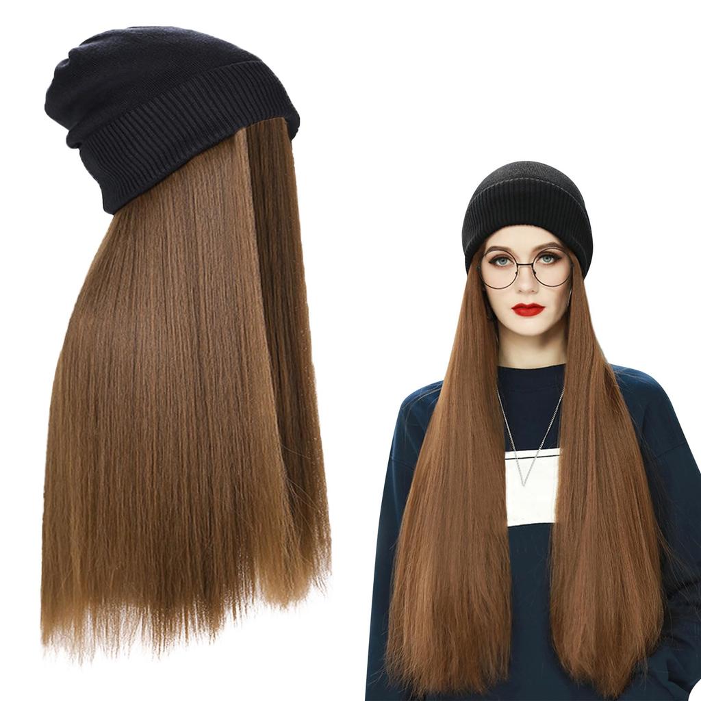 Women Winter Hat Wig Knit With Long Straight/Wig Wavy Curly Hair Wig Attached 23.6 Inch Synthetic Hair Wigs Hairpiece