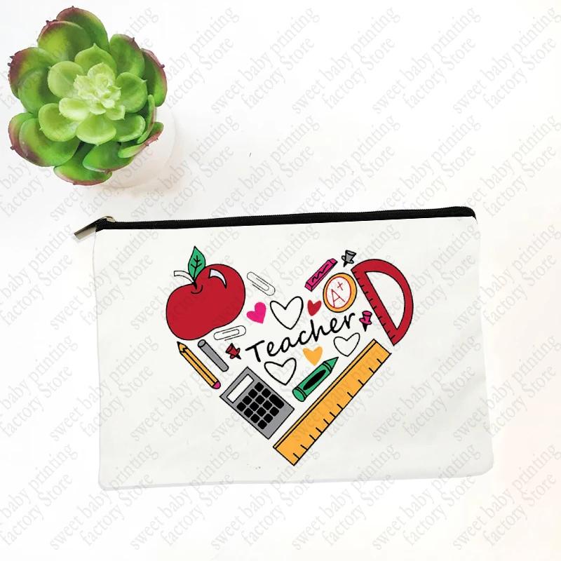 Teach Love Inspire Teacher Makeup Cosmetic Bags  Back To School Gift Beauty Cases Pencil Pouch Organizer Storage Box Mini Purse