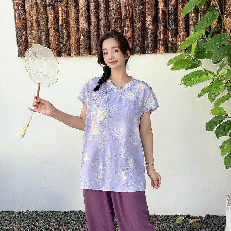Summer Rayon Blend Cheongsam Short Sleeve Tshirts Frog Closure Tops Floral Print New Chinese Style Plus size Independent Design