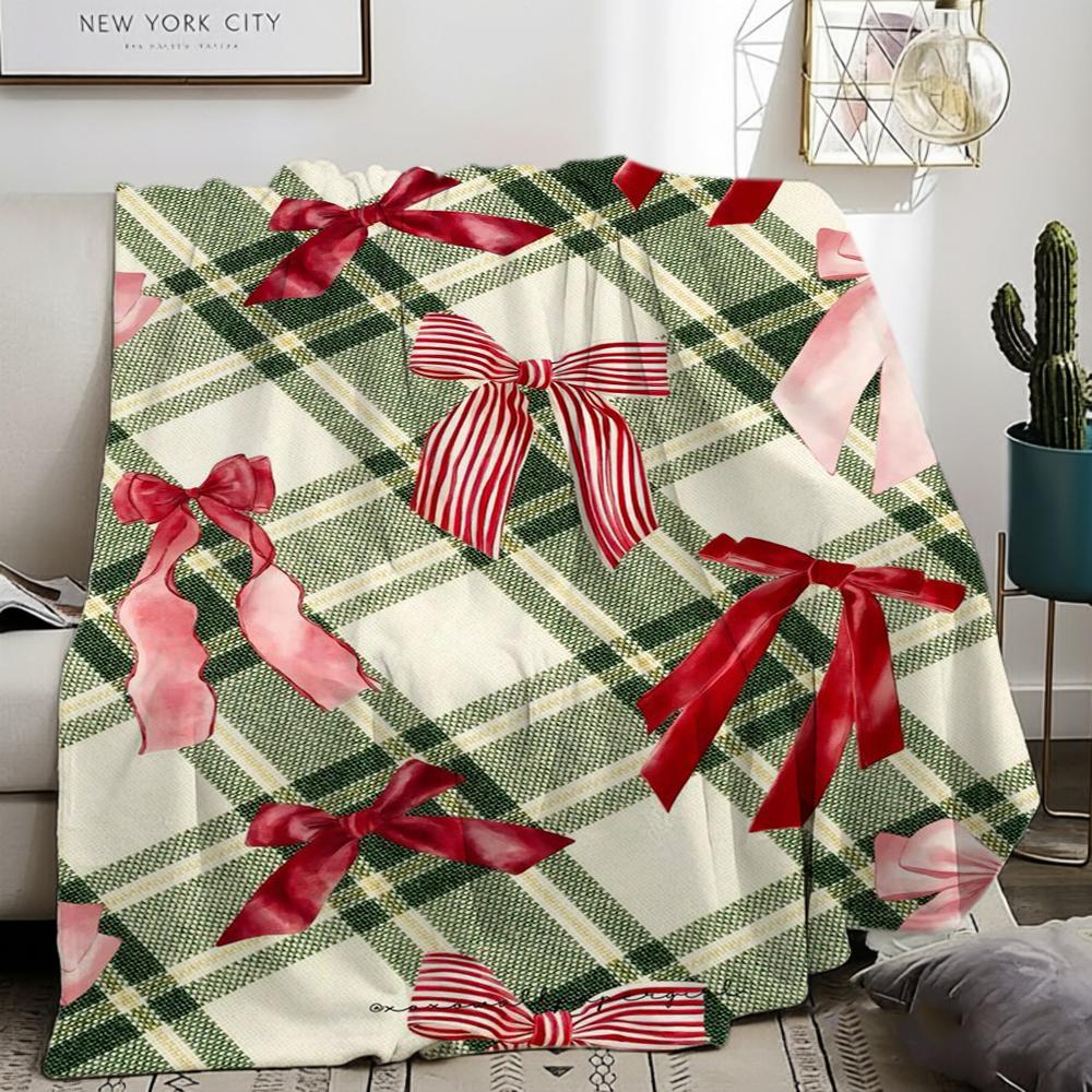 Christmas Plaid Blanket Red Ribbon Bow Knot Throw Blankets Green Checkered Bed Sofa Cover Winter Holiday Home Decoration