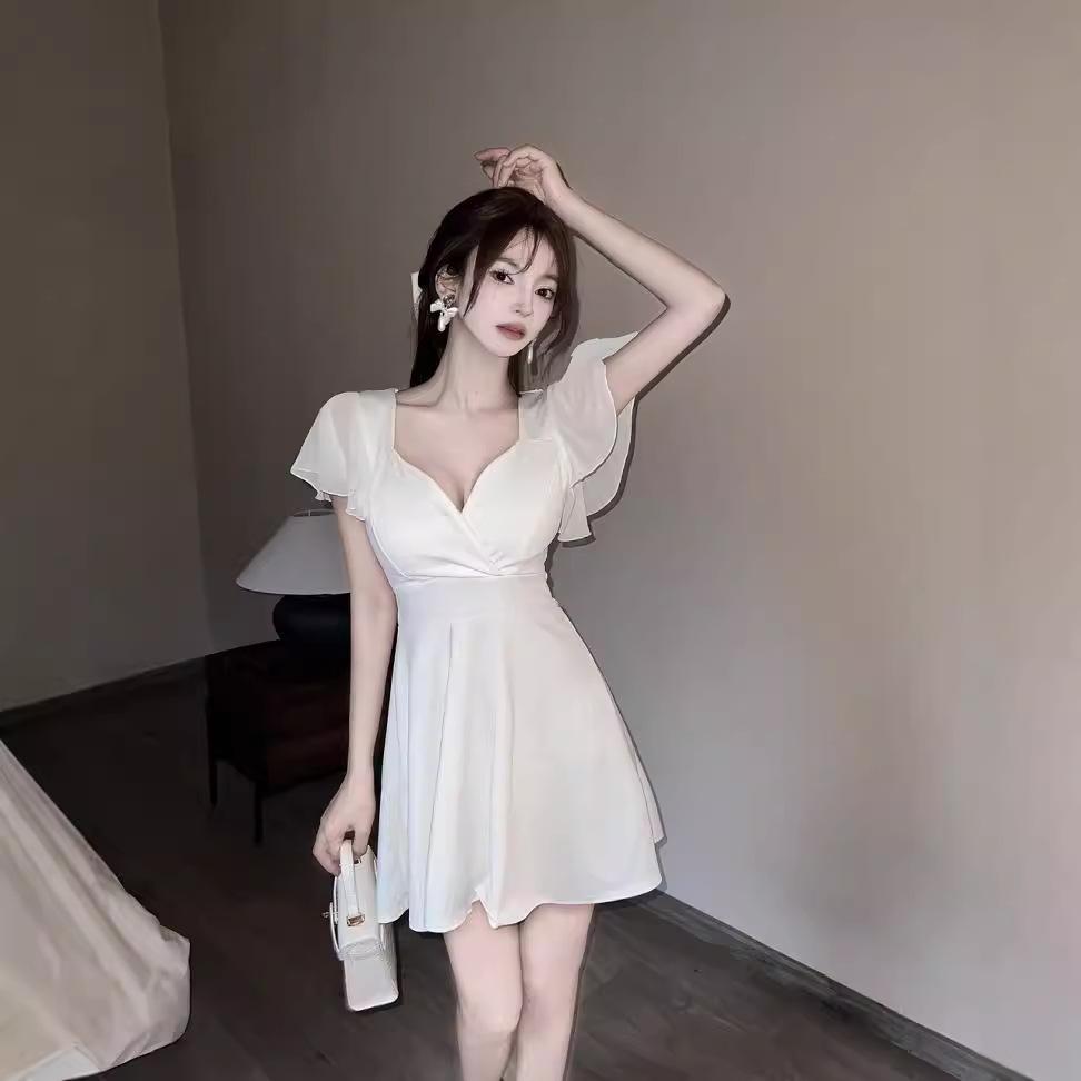 Work clothes women's clothing sexy low-cut V-neck lotus leaf sleeves backless waist thin A-shaped big pendulum dress