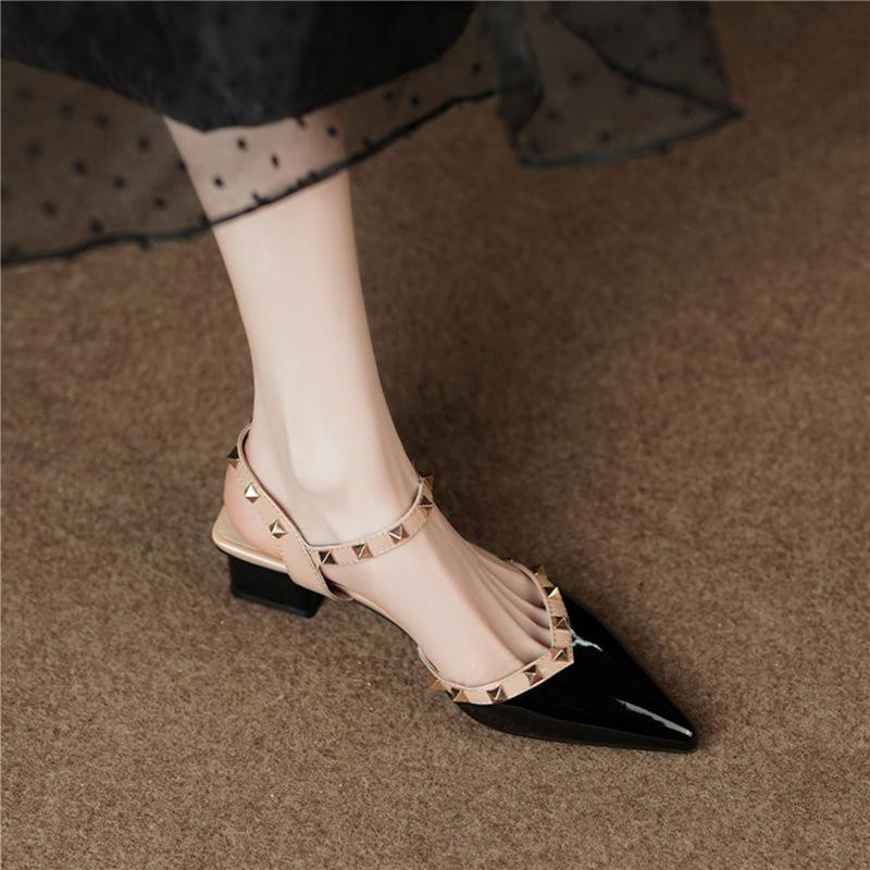 Spring and summer new thick heel bag head sandals women's pointed head rivets shallow mouth patent leather shoes