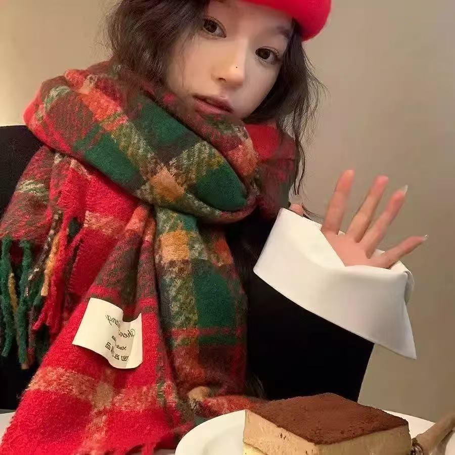 Festive Plaid Red Scarf: Thick, Warm Winter Shawl for Women – Versatile Cold-Proof Neck Warmer for Travel & Outdoors