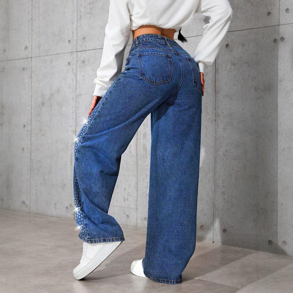 Women Rhinestone Bow Decor High Waist Wide Leg Jeans Polka Dot Print Casual Loose Fit Denim Pants