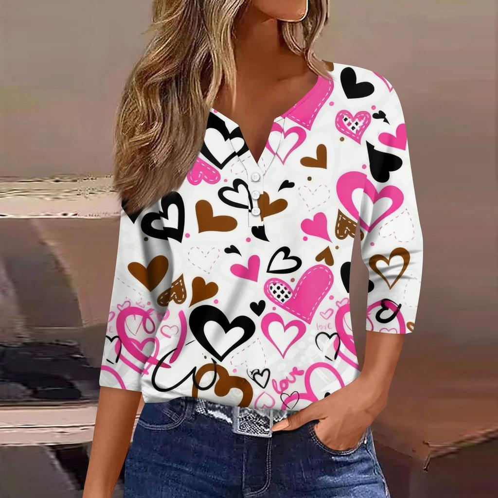 Women's Fashion Button-Up V-Neck Three-Quarter Sleeve Valentine's Day Print Top