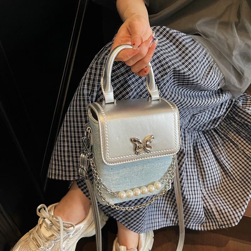 Foreign style small bag women's summer 2025 new Korean version fashion butterfly handbag single shoulder crossbody denim small square bag