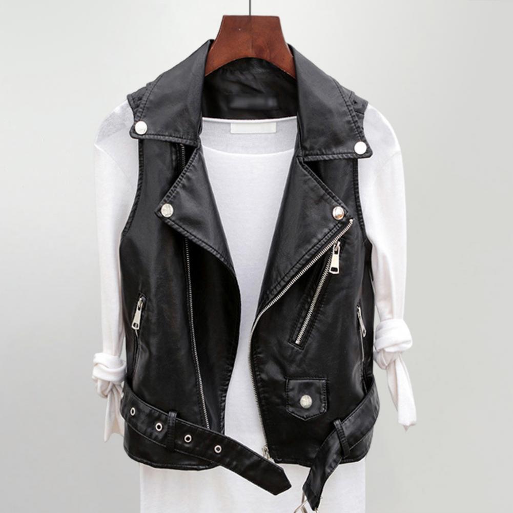 Belt Decor Vest Coat Retro Motorcycle Waistcoat with Zipper Pockets Belt Decor for Women Faux Leather Vest Coat for Commuting