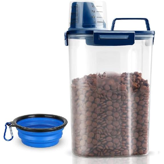 Upgraded Dog Food Storage Container Small, Cat Food Container Airtight, Pet Food Container Dispenser with Pour Spout, Measuring Cup and 4 Seal