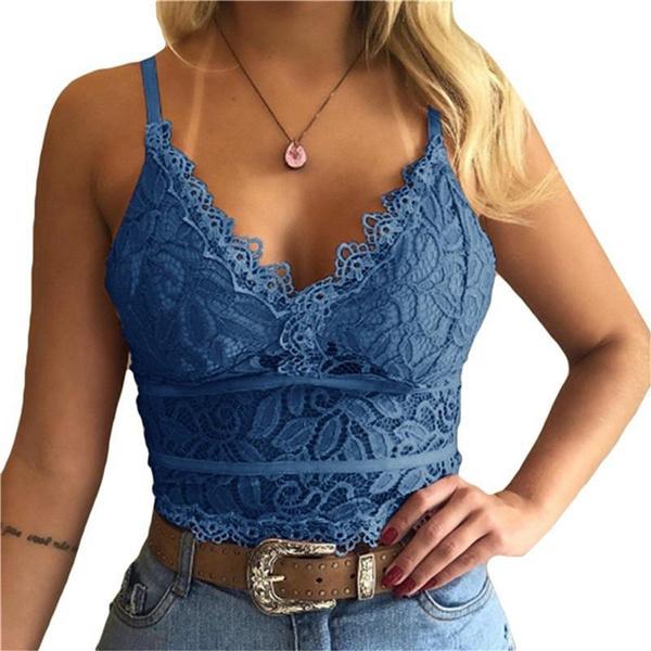 Women's Fashion Deep V Neck Lace Bra Sexy Spaghetti Straps Underwear Hollow Sleeveless Bra Vest