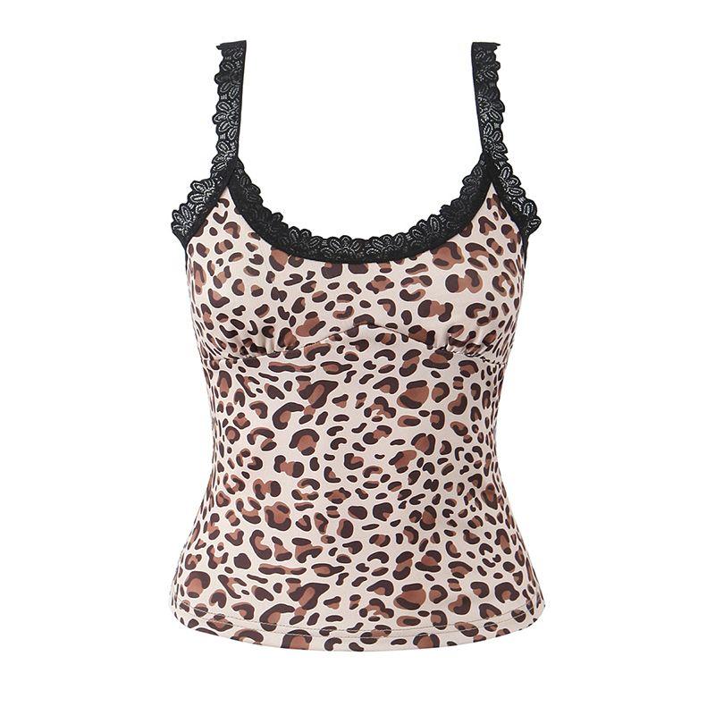 MY SASSY GIRL American vintage Sexy Leopard Print Lace Stitching Cami Sleeveless Gyaru Slim fit Small Top