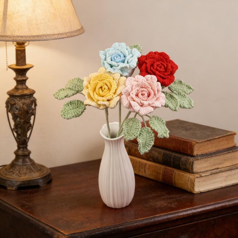 Handmade Knitted Flower Crochet Rose Flowers Artificial Flowers Home Decors Single Rose Flower Gift for Birthday Wedding