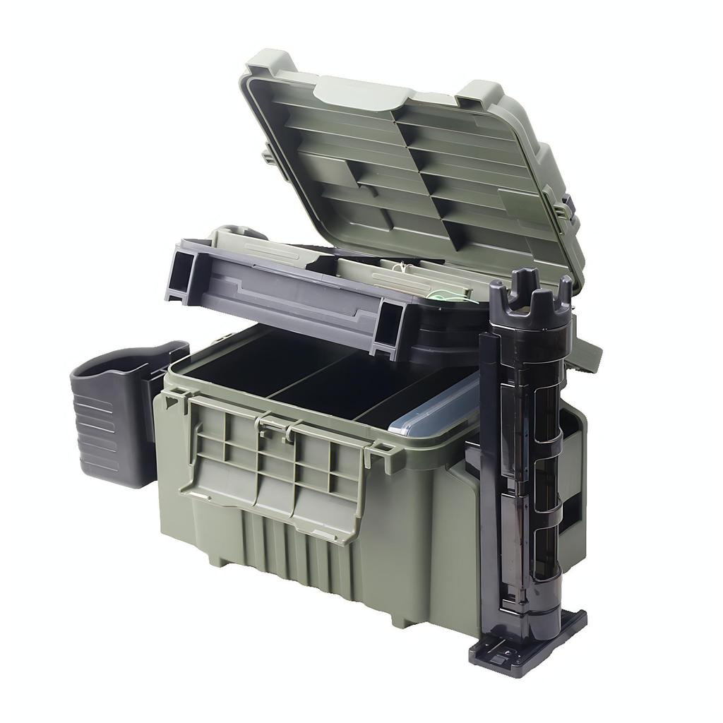Fishing Tackle Box Set: Includes Large Capacity Storage Box, Rod Holder, Cup Holder, and Lure Storage.