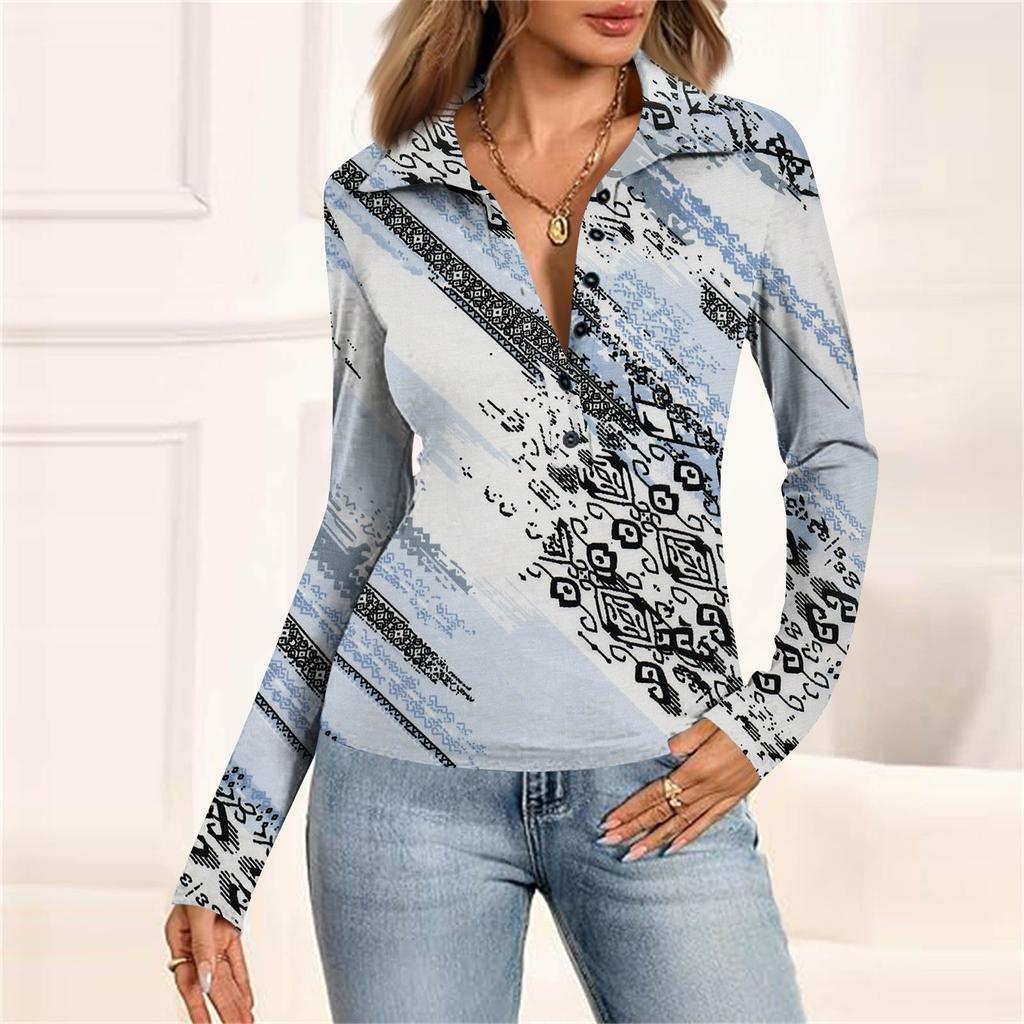 Women's Fashion Casual Printed V-Neck Long Sleeve Button-Down Top