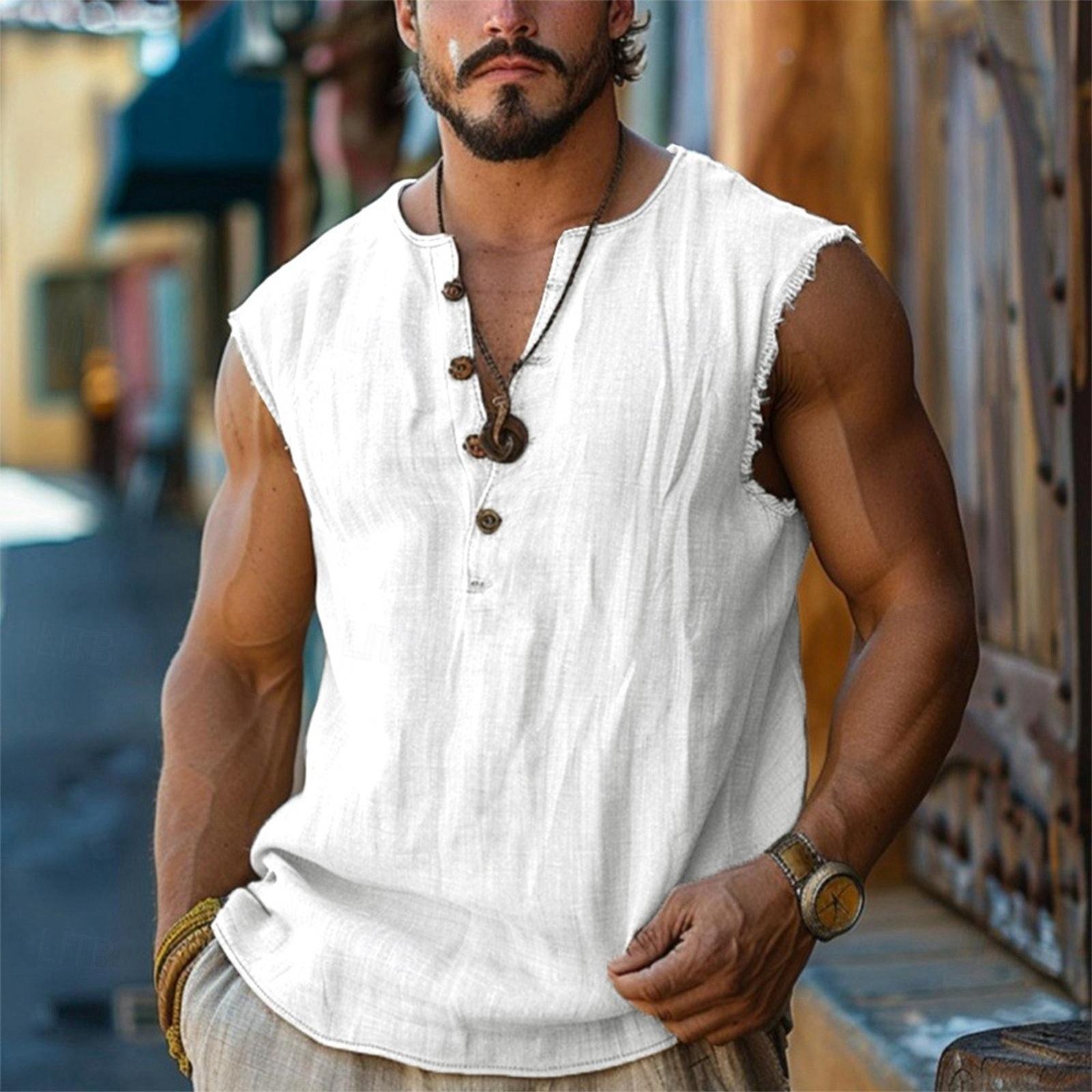 

Men’s Sleeveless Henley Shirt Casual Loose Fit Linen Top with Armholes and Button Placket for Summer Daily Wear L белый