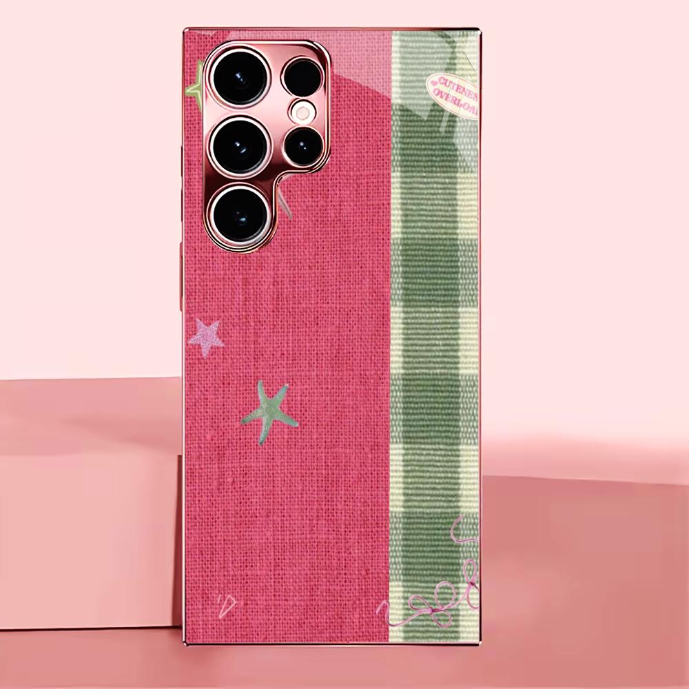 Pink Stars green PhoneCase for Samsung Galaxy S26 S25 S24 S23 S22 FE Ultra Plus Built-in glass feel bare machine Women's style