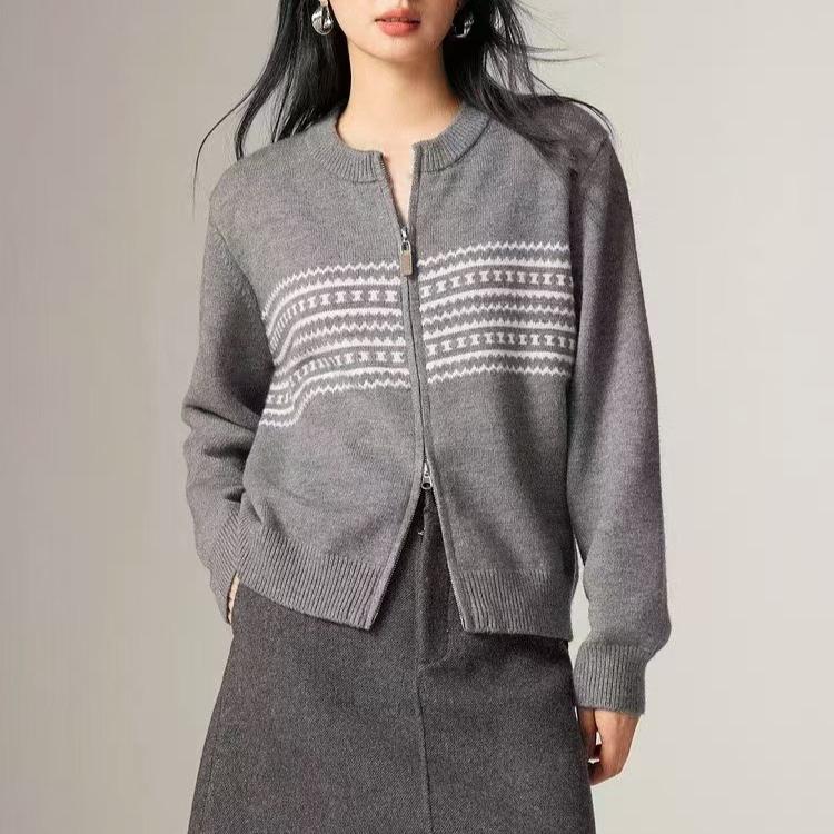 Korean Crew Neck zipper knitted cardigan women's 2025 autumn winter loose outer wear lazy wind lapel print sweater jacket coats