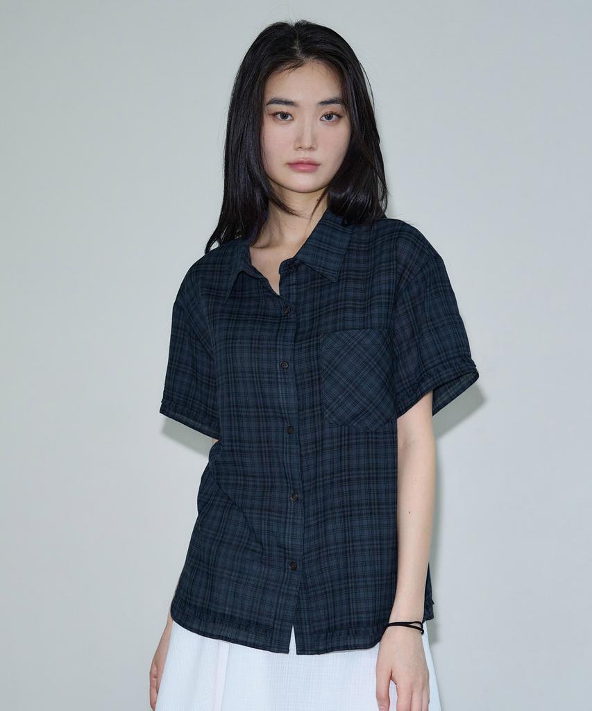 SIS A Layered Cutout Check Half Shirt [Navy]