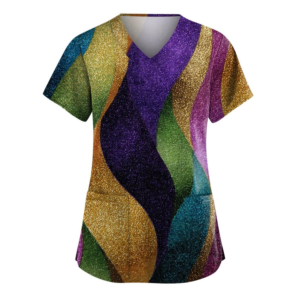 Dámský módní pracovní top s výstřihem do V a krátkým rukávem s kapsami, karnevalový potisk, uniforma pečovatele