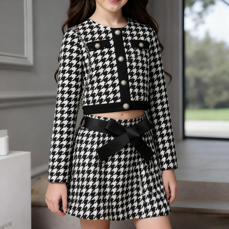 Set Elegant pentru Fete Toamnă Modă Copii Jachetă cu Mânecă Lungă Carouri Imprimeu Păsări Curea Talie cu Fundă Fustă Set Două Piese