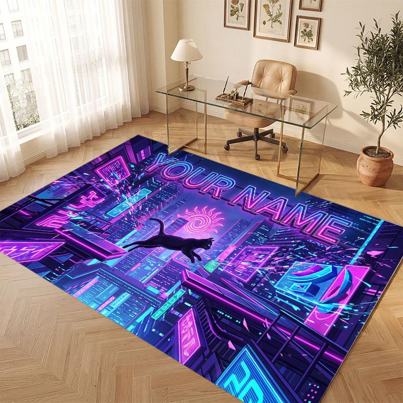 Cat Theme Crystal Velvet Floor Rug Personalized Custom Name Text Warm Carpet Home Decoration