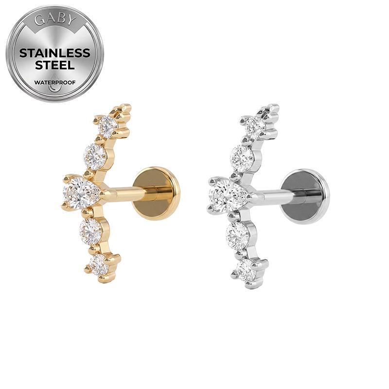 Euro Cross 316L Stainless Steel Heart-Shaped Zircon Threaded Ear and Lip Stud.