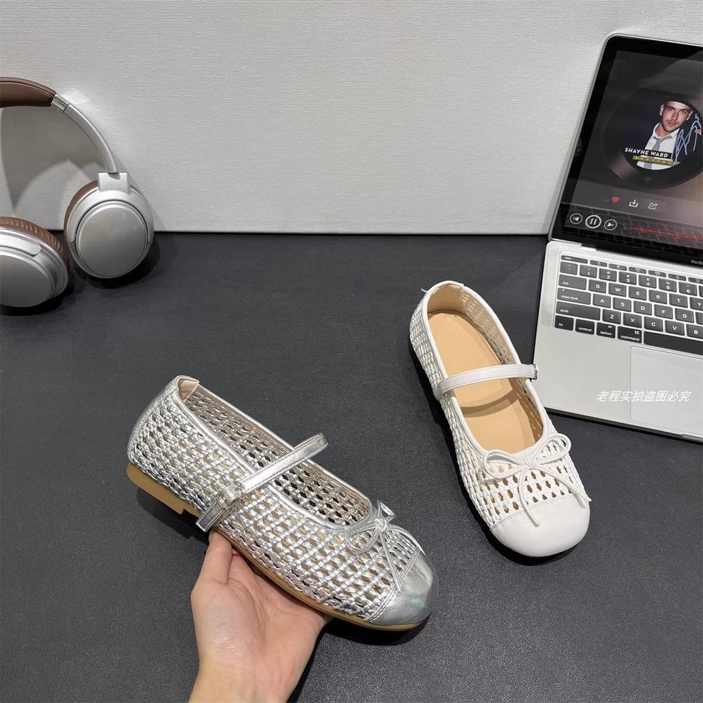 Ballet style bow hollow woven one-word buckle shallow mouth single shoes women's spring and summer 2025 new x Mary Jane shoes