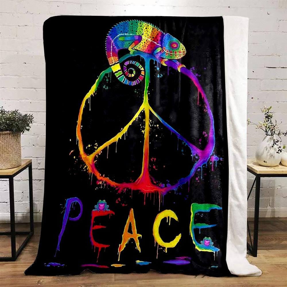 Colorful Chameleon with Peace Symbol Art - Flannel blanket for bedroom, living room, sofa, and nap sofas