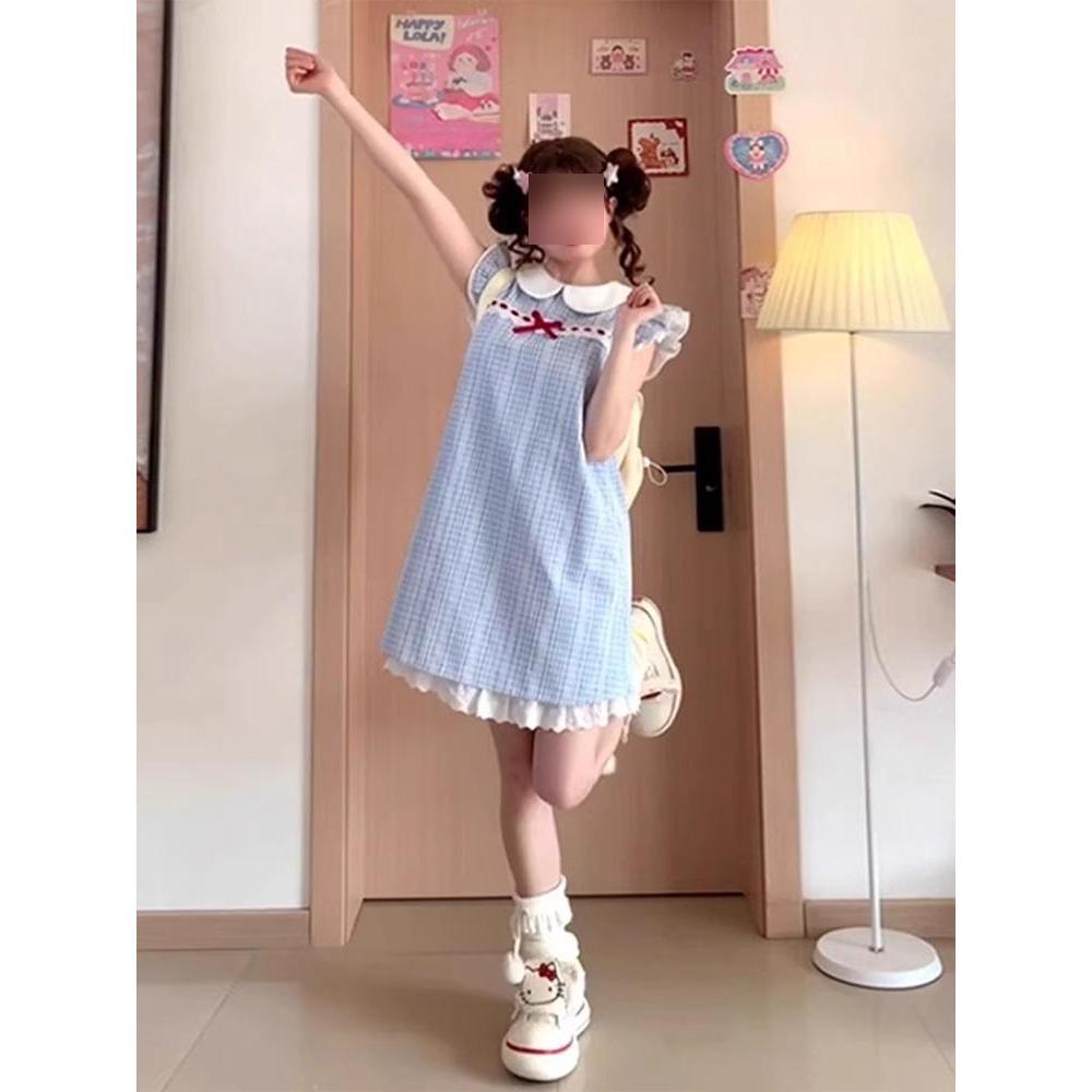 Doll collar small flying sleeve plaid dress women's summer college style sweet first love princess dress small loose skirt
