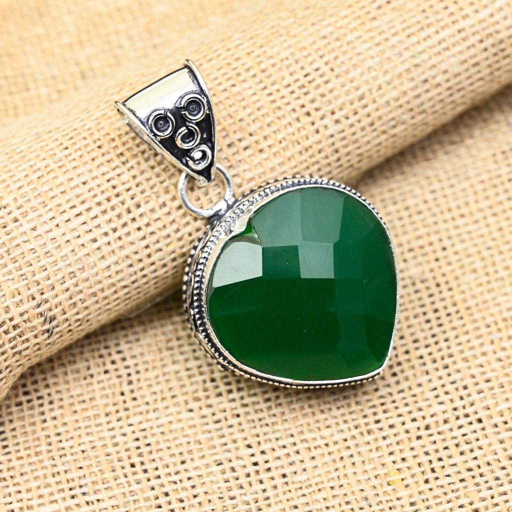 Heart Shape Green Onyx Gemstone Handmade 925 Sterling Silver Jewelry Pendant For Women