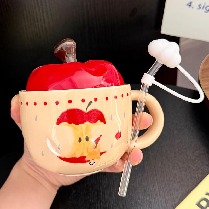 Cute Ceramic Apple Girl Mug with Straw