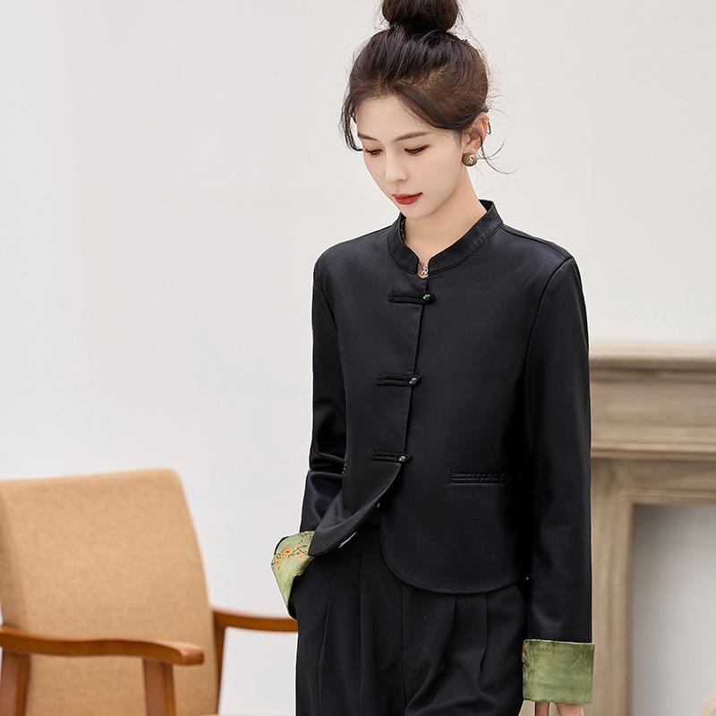 New Chinese Style Leather Jacket for Women Spring New Style National Style Buckle Design Temperament Slimming Short Top