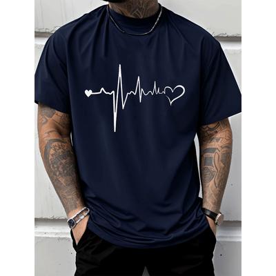 Europäische Größen Herrenmode Lässig Trendig Street Style Rundhals T-Shirt mit Herzschlaglinie Herzform Muster Erwachsene Herren Outfits Geeignet