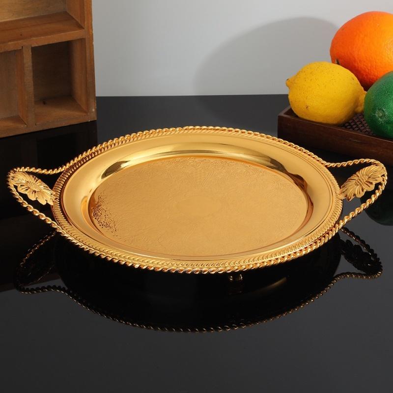European Fruit Plate,Alloy Pearl Point Circle Shape Plate,Portable Golden Snack Disc,Candy Plate Home Wedding Decoration,26 cm