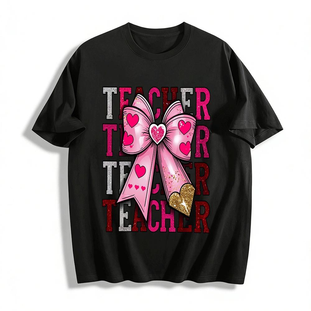 Valentine s Day Heart Bow Teacher Print Casual Short Sleeve T-Shirt Pure cotton T-shirt XXS