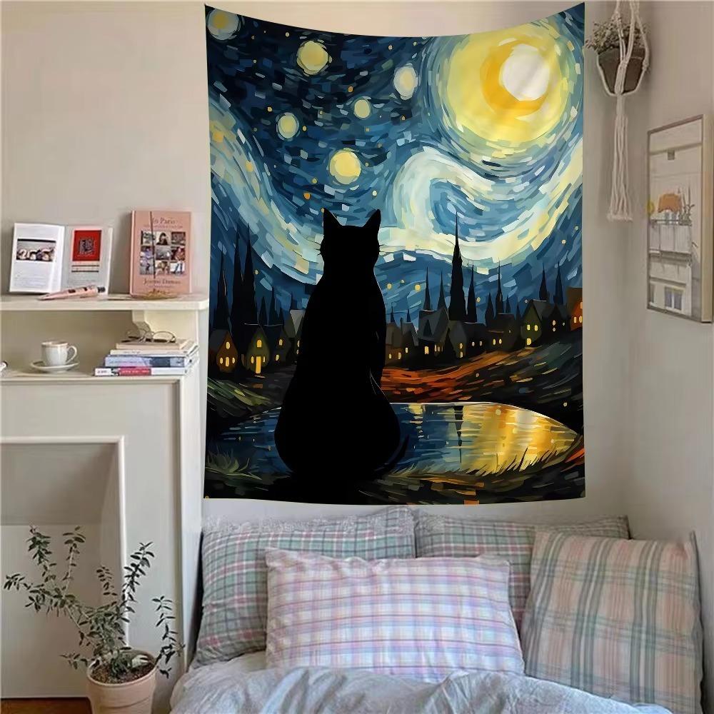 Starry Night with Black Cat Tapestry Artistic and Mystical Wall Art for a Magical Enchanting Decor Statement Piece 74x94cm(29x37in)