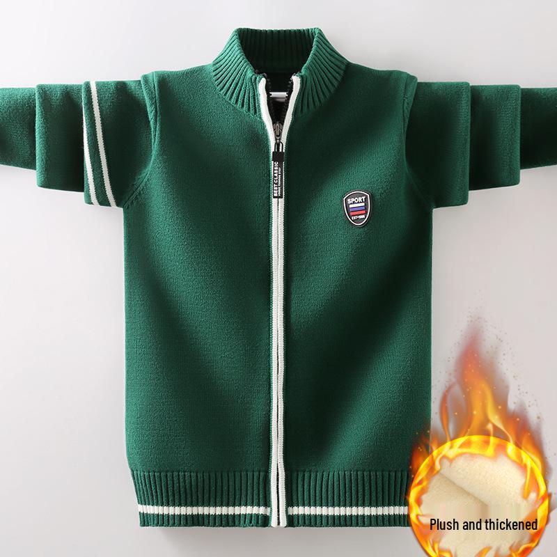 Boys' & Girls' Zip-Up Baseball Jacket, Fleece-Lined Knitted Cardigan for Kids, Spring/Autumn Style