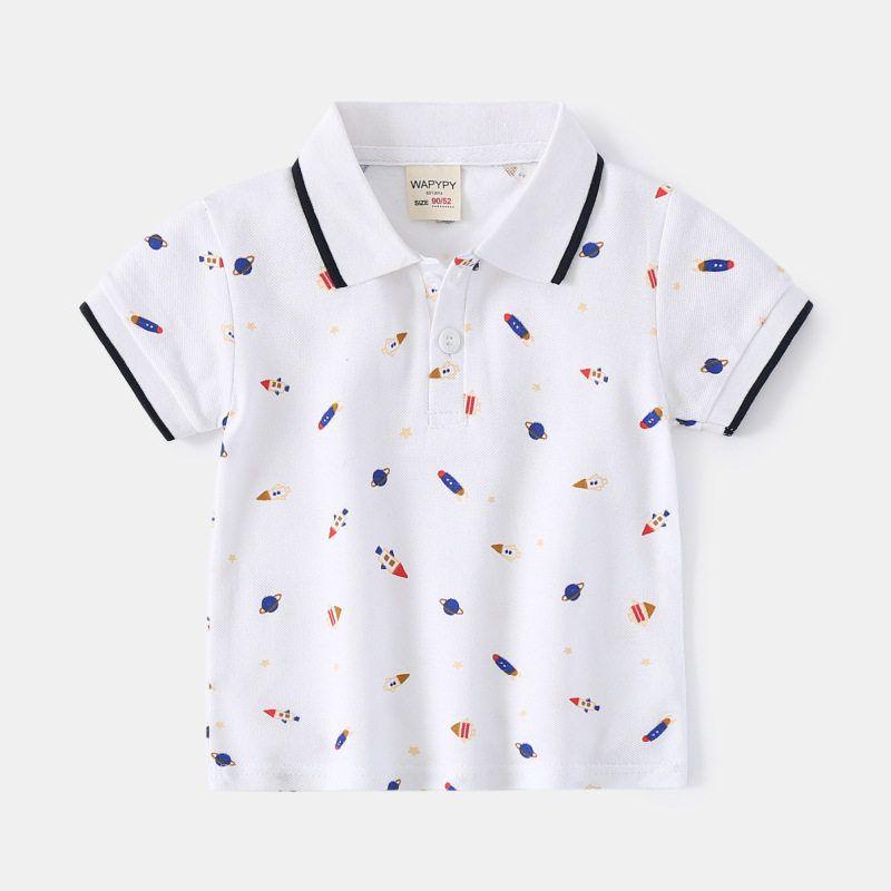 Boys  Half-Sleeve Polo Shirt, Summer Children s Clothing, Kids  Short-Sleeve T-Shirt with All-Over Dinosaur Print, Baby Boy Rocket Shirt White Rocket 110