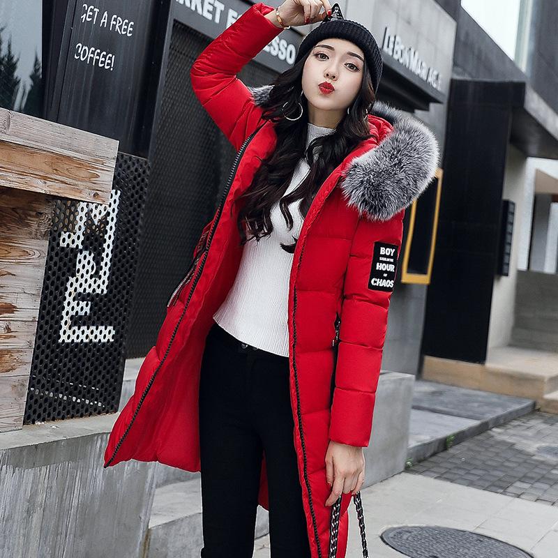 Winter new cotton-padded clothes women's thickened down cotton-padded clothes over the knee medium and long large fur collar hooded cotton-padd